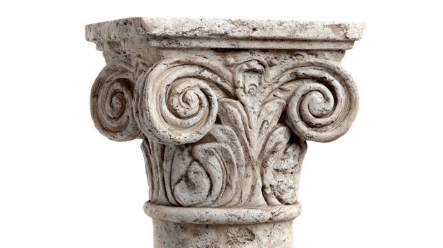 stone architectural column top with spiral design on white background. 