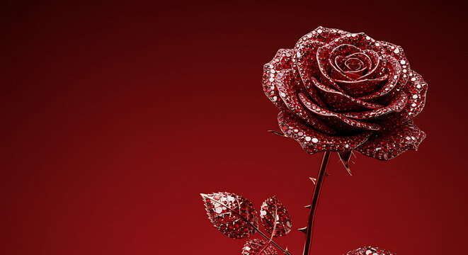 Luxury Ruby Rose:  Elegant 3D Render, Red Background,  Romantic Jewel-Encrusted Flower.