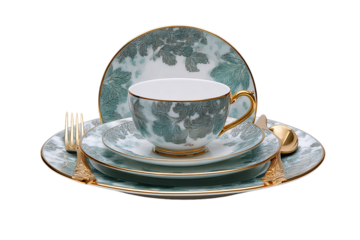 Elegant turquoise porcelain dinnerware set isolated on transparent background, top view isolated on a transparent background