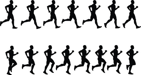 Naklejka premium Running man silhouette vector set, male jogger icons, fitness exercise illustrations, athletic person, jogging motion, sports activity graphics