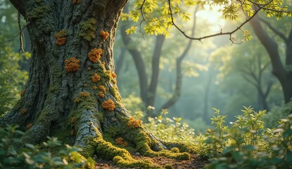 Fototapeta premium Ancient mossy tree trunk bathed in golden sunbeams, evoking serene forest tranquility and natural beauty.