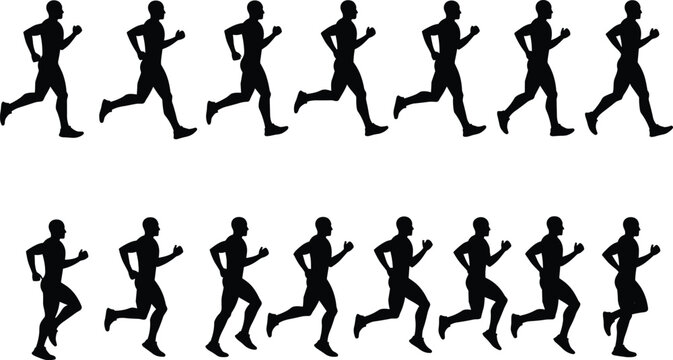 Running man silhouette vector set, male jogger icons, fitness exercise illustrations, athletic person, jogging motion, sports activity graphics