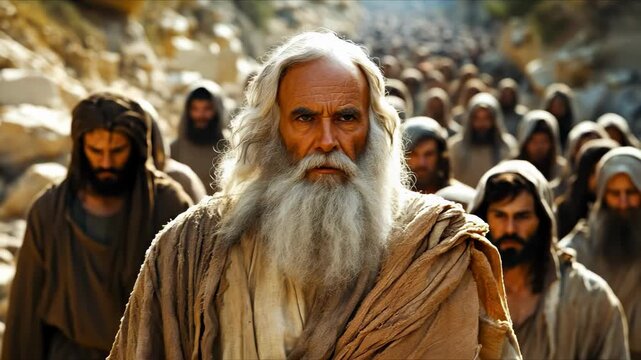 Divine mission: Moses carries the Jews over the desert, reflecting bible wisdom, christian doctrine, covenant bond, prophetic calling, holy struggle, sacred obedience, faithful lineage,