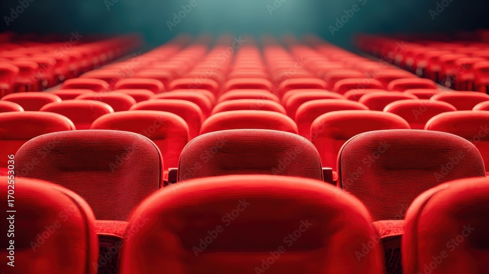 Poster rows of empty red theater seats awaiting audience members for a show or performance