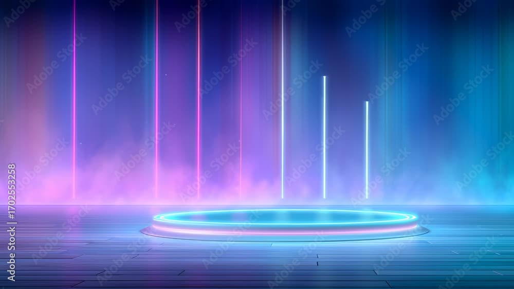 Poster immersive technological environment featuring circular illuminated platform with radiant neon rings 