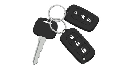 Car keys isolated on white background a set of modern car keys with remote control, featuring lock, unlock, and trunk buttons, for vehicle security and access