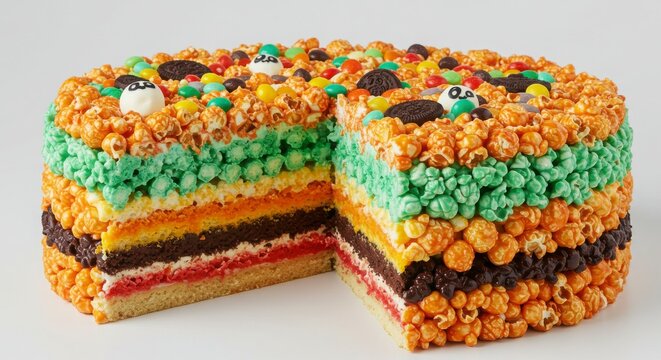 Halloween eerie-themed popcorn cake with glowing layers on a clean background for a spooky celebration