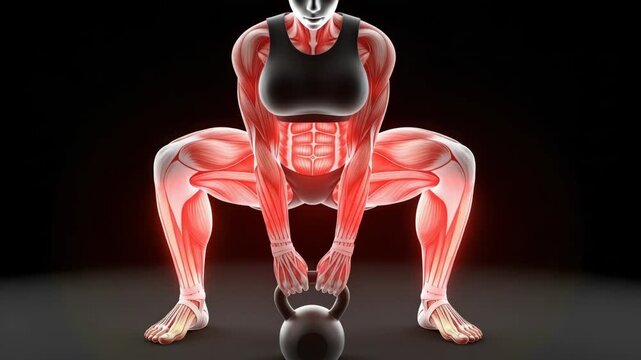 Woman's muscle structure performing kettlebell sumo squats exercise, highlighting muscle engagement and fitness training for strength, power and anatomical study.