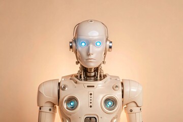 A humanoid robot with glowing blue eyes and headphones.