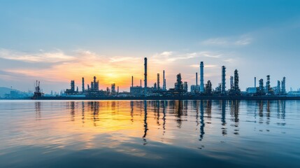 Naklejka premium Industrial Refinery Plant at Sunset with Water Reflections, Representing Energy Production and Chemical Manufacturing