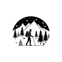 Monochrome Illustration of Hiker in Mountain Landscape Under Starry Night Sky