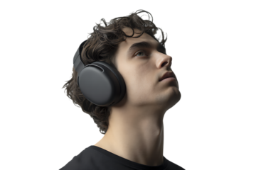 Beautiful young man wearing headphone isolated on transparent background