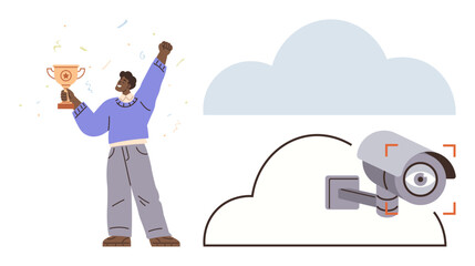 Person holding a trophy with confetti around, cloud with a security camera overlay. Ideal for success, privacy, surveillance, awards, cloud computing, vigilance digital security. Simple flat