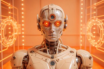 Close-up of a sophisticated humanoid robot with glowing orange eyes and intricate mechanical details, set in a futuristic, illuminated environment.