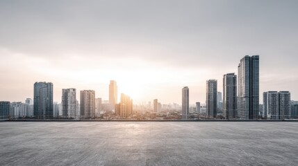 Fototapeta premium Modern Cityscape Skyline at Sunset with Empty Foreground - Urban Development and Business Potential