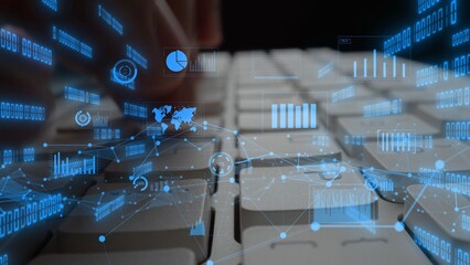 A close-up view of human hands typing on a laptop keyboard, integrated with digital graphs and data icons, symbolizing the intersection of technology and innovation. Xenic