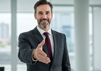 Confident businessman offering handshake in modern office, ready for partnership and success