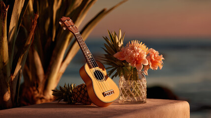capture essence of hawaii with traditional hawaiian guitar resting elegantly against clean solid background