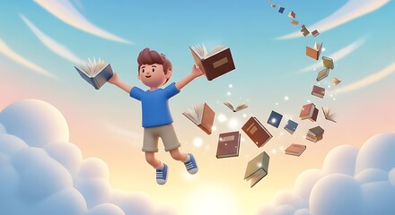 Young boy flying with books in a dreamy sky, symbolizing imagination and learning.