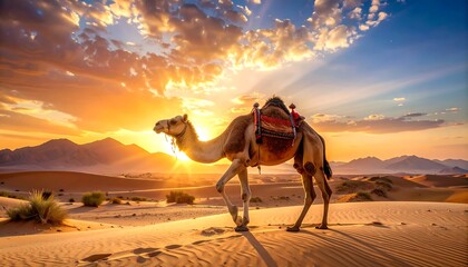 A camel walks across desert sand dunes during a vibrant sunrise, with mountains in the background
