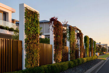 High privacy fence with climbing plants integrating into street architecture and surroundings. 