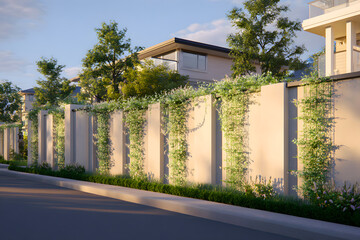 High privacy fence with climbing plants integrating into street architecture and surroundings. 