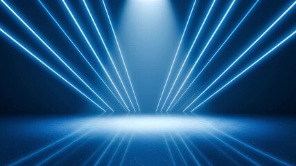 A dark space with a central overhead light and converging bright blue glowing lines reflected on a textured illuminated floor - Powered by Adobe