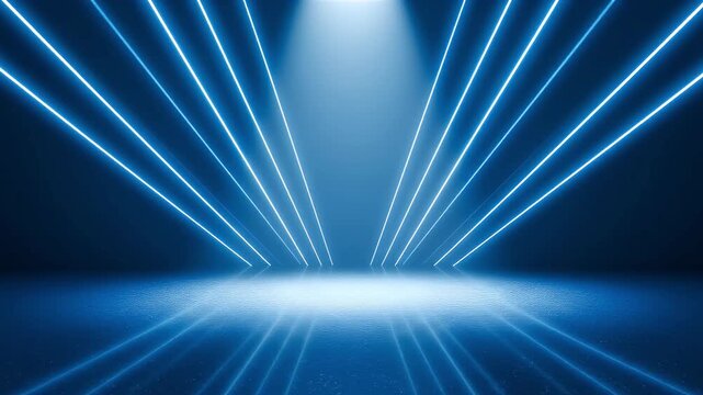 A dark space with a central overhead light and converging bright blue glowing lines reflected on a textured illuminated floor