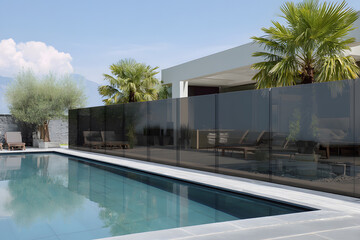 Pool area separated by dark glass panels for privacy and modern zoning. architectural and design solution. 