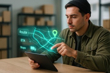 Route planning application for delivery tracking indoor office digital interface modern workspace user perspective efficiency concept