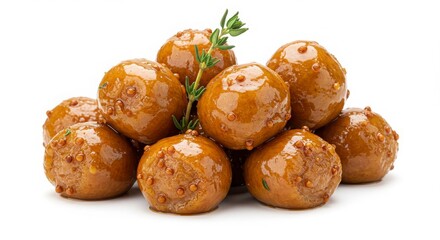 thanksgiving maple mustard sausage bites with thyme sprig for festive food celebration or presentation