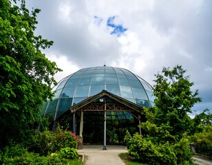 Obraz premium Glass dome conservatory surrounded by lush greenery