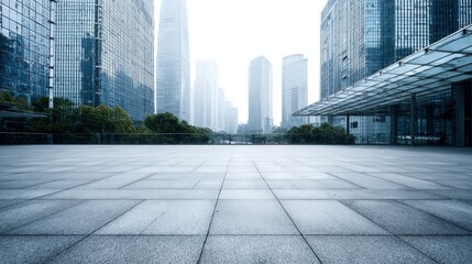 Fototapeta premium Modern Cityscape Perspective: Empty Urban Plaza with Skyscrapers in the Background, Featuring Contemporary Architecture