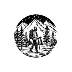 Hiker in a Mountain Forest at Night under the Stars Illustration