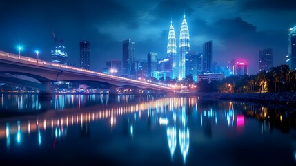 Fototapeta premium Kuala lumpur futuristic bridge glowing with neon lights and skyline picture