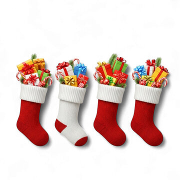 Four christmas stockings filled with gifts isolated on transparent background