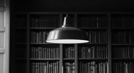 Black and white pendant light in front of bookshelf in library setting