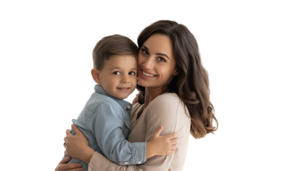 Mom and son looking at camera isolated on transparent background