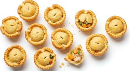 Fototapeta premium Flatlay of mini turkey pot pies in pastry cups on white background for thanksgiving celebration