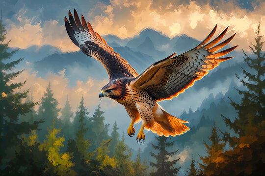 red tail hawk flying above forest in mountains
