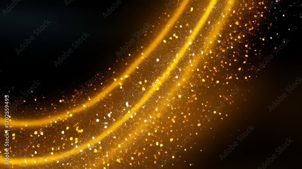 Poster shimmering golden particles flowing in elegant wave pattern against deep dark background. radiant li
