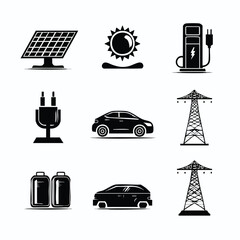 Black and White Icons Depicting Sustainable Energy and Electric Vehicles