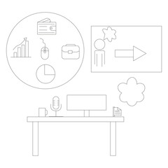 Business Line Icon Set with Office Desk, Finance, and Communication Symbols