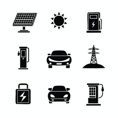 Black and White Icons Depicting Sustainable Energy and Electric Vehicles