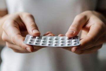 Woman hand holding oral contraceptive pill blister pack for safe sex promotion. Birth control method choice. Banner design template with copyspace. 