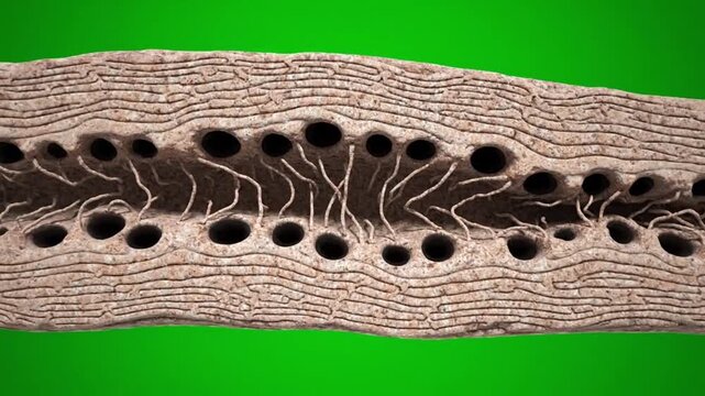 A microscopic cross-section of a compact bone, showing the Haversian system, osteons, and blood vessels for histological study.