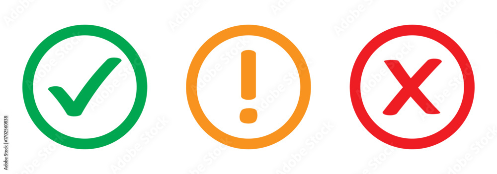 Poster set of flat round check mark, exclamation point, x mark icons, buttons isolated on a white backgroun