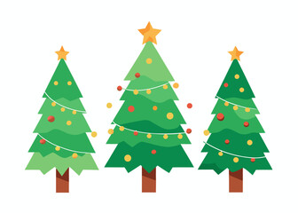 Three stylized Christmas trees with ornaments and star toppers on white background