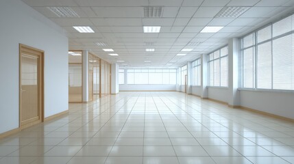 Bright Empty Office Space with Windows, Ideal for Commercial Use or Interior Design Mockups