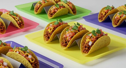 Assorted mini tacos served in neon trays with lively party mood on white background for food or appetizer uses